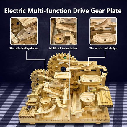 Wooden Marble Run Building Set, Electric Motorized, 75 Blocks, 15 Marbles, 3D Brain Teaser Construction Kit.for Adults and Adolescent to Build (SN-115)