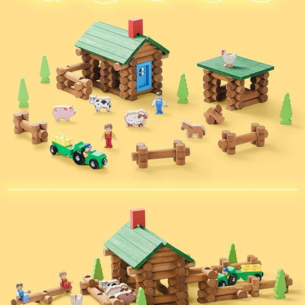 SainSmart Jr. Wooden Log Cabin Set Farm Building House Toy for Toddlers, 122 PCS Classic STEM Construction Kit with Colorful Wood Logs Blocks for 3+ Years Old