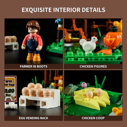 FUNWHOLE Farm Hen-House Lighting Building-Bricks Set - Farm Life Chicken Henhouse and Animal Collection LED Light Construction Building Model Set 323 Pcs for Adults and Teen