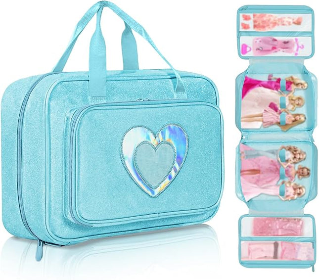 Carrying Case Compatible with Barbie Dolls 12-Inch, Storage Organizer with Handle Holds up to 6 Dolls,Multiple Pockets for Accessories,Toy Storage Box, Blue,Bag Only