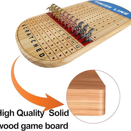 Large 21 Inches Horse Racing Board Game with 11 Luxury Metal Horses Thickened Wood Finish Line Horse Race Game Chessboard Including Dices and Cards (Log,Oval)