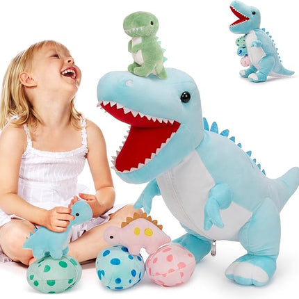 MorisMos Dinosaur Stuffed Animal with Babies,23.6'' Big Mommy Stuffed Dino T-rex with 3 Baby Dino Stuffed Toys & 3 Eggs Plush Inside Belly, Boy Girl Dinosaur Toys for Kid 3-5,Blue T-rex Toys Gift