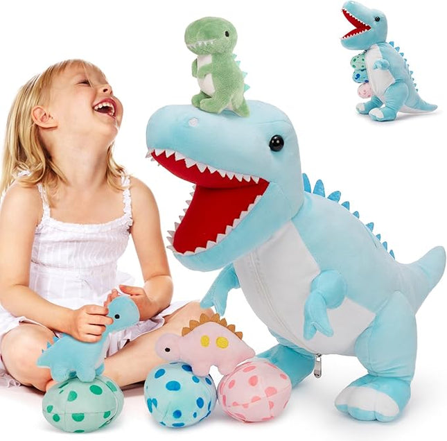 MorisMos Dinosaur Stuffed Animal with Babies,23.6'' Big Mommy Stuffed Dino T-rex with 3 Baby Dino Stuffed Toys & 3 Eggs Plush Inside Belly, Boy Girl Dinosaur Toys for Kid 3-5,Blue T-rex Toys Gift