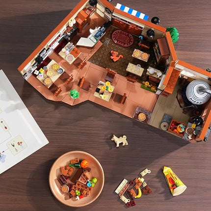 City Street Pizza Restaurant Building Set with Light, 1098PCS Pizzeria House Architecture Model with Retro Pizza Van, Home Decor Construction Building Block Gift for Adults Teens Boys Girls 12+