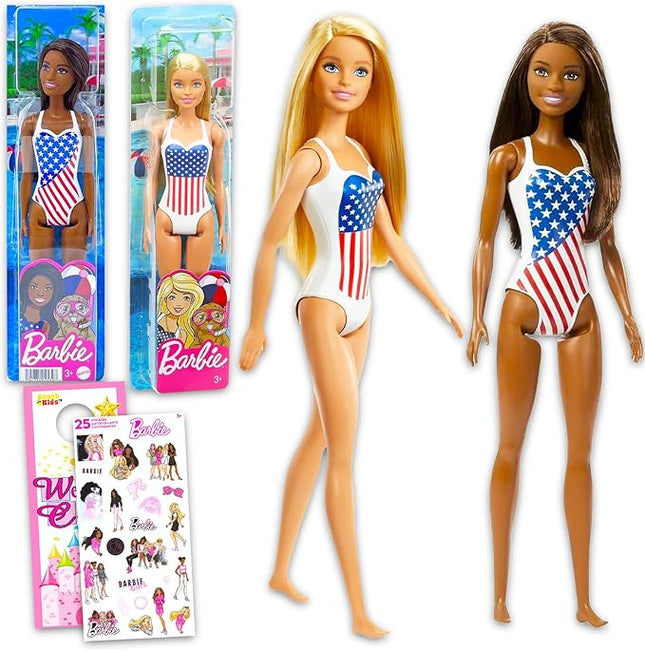 Barbie Doll Set for Kids - Bundle with American Swimsuit and Diverse Barbie Plus Stickers, More | Summer Beach Doll Pack for Girls, Boys