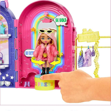 Barbie Extra Minis Doll & Fashion Playset with 15+ Pieces, Boutique with Small Doll, Clothes & Accessories Including Gummy Bear Keychain