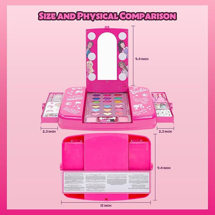 Barbie Beauty Vanity Set with Light-Up Mirror, Includes Lip Gloss, Eye Shadow, Brushes, Nail Polish, Accessories, and More! Ages 3+ Perfect for Parties, Sleepovers, and Makeovers, by Townley Girl