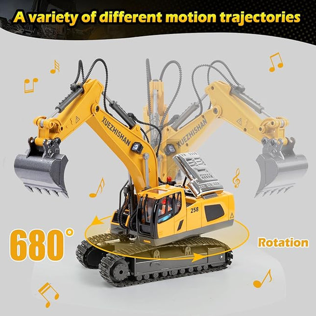Remote Control Excavator Toys for Boys Turns 680-degree 2 Batteries Metal Shovel Lights/Sounds Construction Toys Birthday Gifts Boy Toys for 3 4 5 6 7 8 Years Old