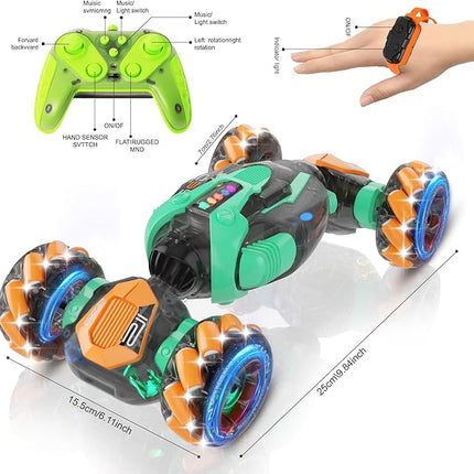 RC Gesture Sensing Stunt Car, 360° Rotating 4WD Remote Control Transform Remote & Hand Car, Remote & Hand, Double-Sided Driving with Lights & Music,Birthday Drift Toy Gift for Kids Age 7 8 10 12 Year