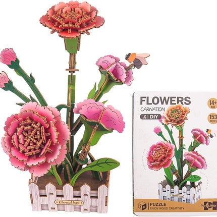 3D Wooden Flower Puzzles for Adults Carnation, DIY Artificial Flower Building Set Wooden Bloom Craft Kits Home Decoration, for Women Mom Birthday Thanksgiving Christmas Valentine's Day