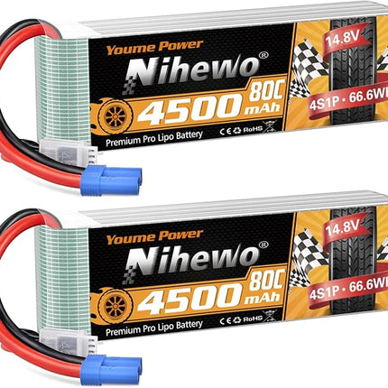 4S Lipo Battery 14.8V RC Battery 4500mAh 80C with EC5 Plug Compatible with 1/10 1/8 Scale RC Car Truck Vehicle Airplane Helicopter Boat Tank Models(2 Packs)