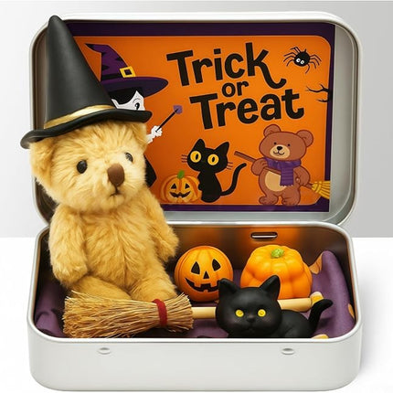 Halloween Bear in a Box for Trick or Treat, Miniature Witcher, Halloween Animal Pocket Hug Surprise Box, Cute Bear in Box with Pumpkin and cat Decorations (Light Brown)