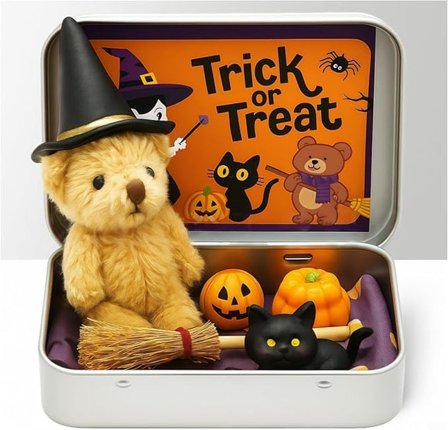 Halloween Bear in a Box for Trick or Treat, Miniature Witcher, Halloween Animal Pocket Hug Surprise Box, Cute Bear in Box with Pumpkin and cat Decorations (Light Brown)