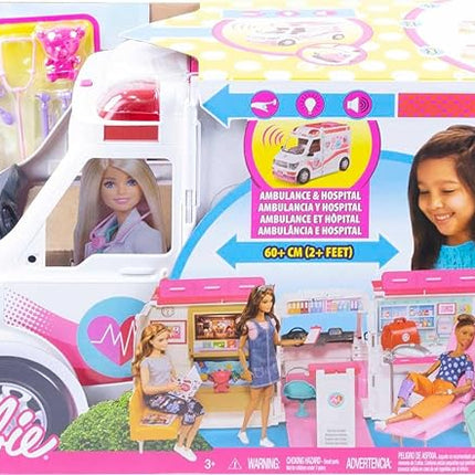 Barbie Playset with 20+ Accessories, Emergency Vehicle Transforms into 2+ Foot Hospital with Lights and Sounds, Care Clinic