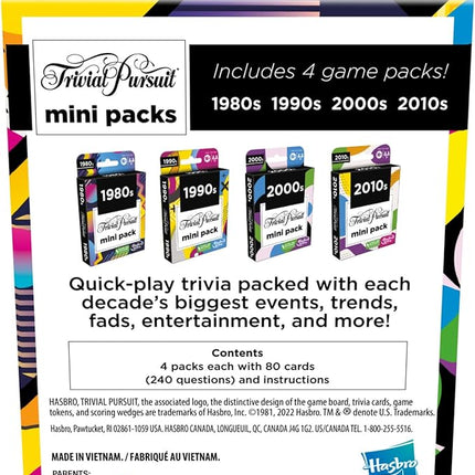 GAMES (EXCL. MONOPOLY) Trivial Pursuit Mini Packs Multipack, Fun Trivia Questions for Adults and Teens Ages 16+, Includes 4 Game Featuring 4 Decades