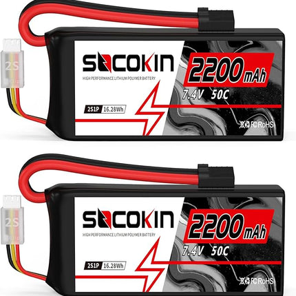 2S Lipo Battery 7.4V 50C 2200mAh Batteries with TR Connector Plug Soft Case Shorty Battery for RC Car Truck Boat Truggy FPV Drone Quadcopter UAV Airplane Helicopter (2 Pack)