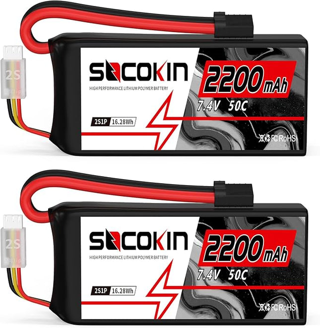 2S Lipo Battery 7.4V 50C 2200mAh Batteries with TR Connector Plug Soft Case Shorty Battery for RC Car Truck Boat Truggy FPV Drone Quadcopter UAV Airplane Helicopter (2 Pack)