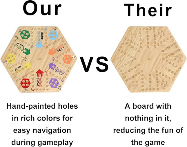 Medikaison Large Size Original Marble Game Solid Wood 20 inch Wahoo Board Game Double Sided Painted Wooden Fast Track for 6 and 4 Players 6 Colors 24 Marbles 6 Dice for Family Friend