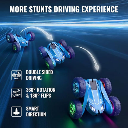 MaxTronic Remote Control Car, Rechargeable RC Cars & Remote - 20km/h Double Sided 360° Rotation Stunt Stunt Crawler with LED Lights for Boys Girls Aged 3-12