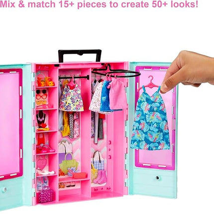 Barbie Closet Playset and Doll - Bundle with Closet, 3 Outfits, 2 Pairs of Shoes, 2 Purses, Necklaces, Beach Doll, Stickers, More | Barbie Dress Up Accessories Set for Girls