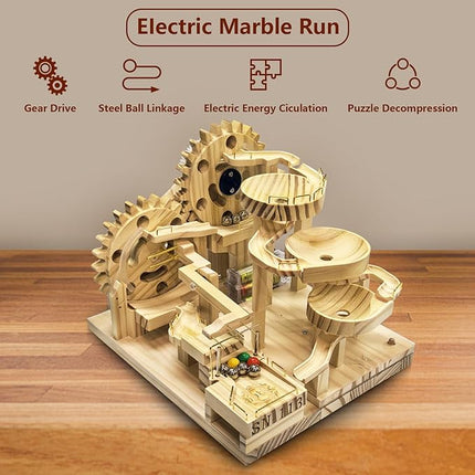 Wooden Marble Run Building Set, Electric Motorized, 41 Blocks, 15 Marbles, 3D Brain Teaser Construction Kit.for Adults and Adolescent to Build (SN-113)