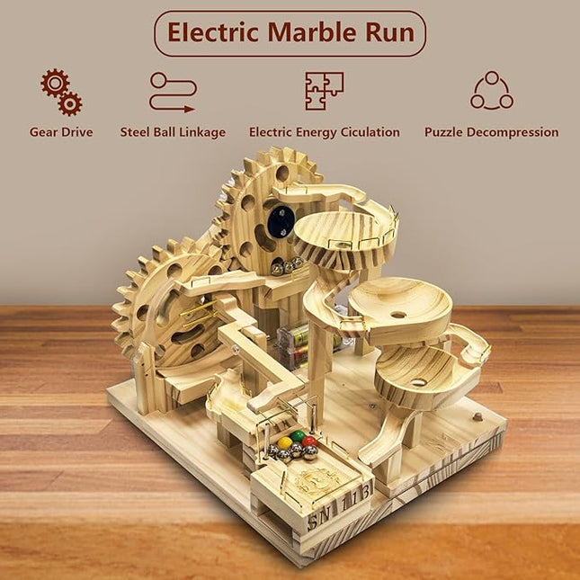 Wooden Marble Run Building Set, Electric Motorized, 41 Blocks, 15 Marbles, 3D Brain Teaser Construction Kit.for Adults and Adolescent to Build (SN-113)