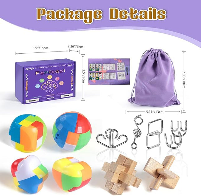 Brain Teaser Puzzles for Adults and Kids, 10Pcs Puzzle Games Set, 3D Wooden Plastic Metal Puzzle, Unlock Interlock Mind Brain Games, IQ Test Educational Toy