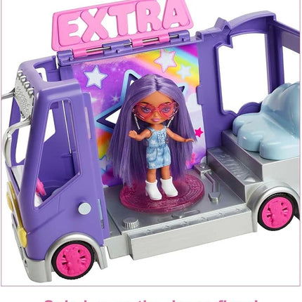 Barbie Extra Mini Minis Doll & Toy Vehicle Playset, Expandable Tour Bus with 3.25-inch Small Doll, Clothes & Accessories