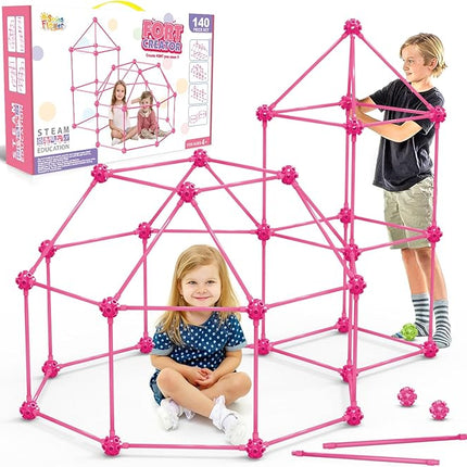 SpringFlower Fort Building Kit for Kids,STEM Construction Toys, Educational Gift for 3 4 5 6 7 8 9 10 11 12 Years Old Boys and Girls,Ultimate Creative Set for Indoor & Outdoors Activity,140 Pcs,Pink