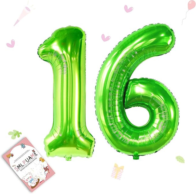 Smlpuame 40 inch Number Balloon 0-9 Green Large Number 16 Balloons,Digital Balloons for Birthday Party Celebration Decorations Supplies, Helium Foil Number Balloons for Wedding Anniversary