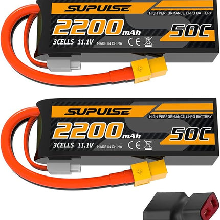 SUPULSE 11.1V 3S Lipo Battery 50C 2200mAh Soft Case Battery with T Plug and XT60 Plug for RC Airplane Helicopter RC Boat RC Car Truck(2 Packs)