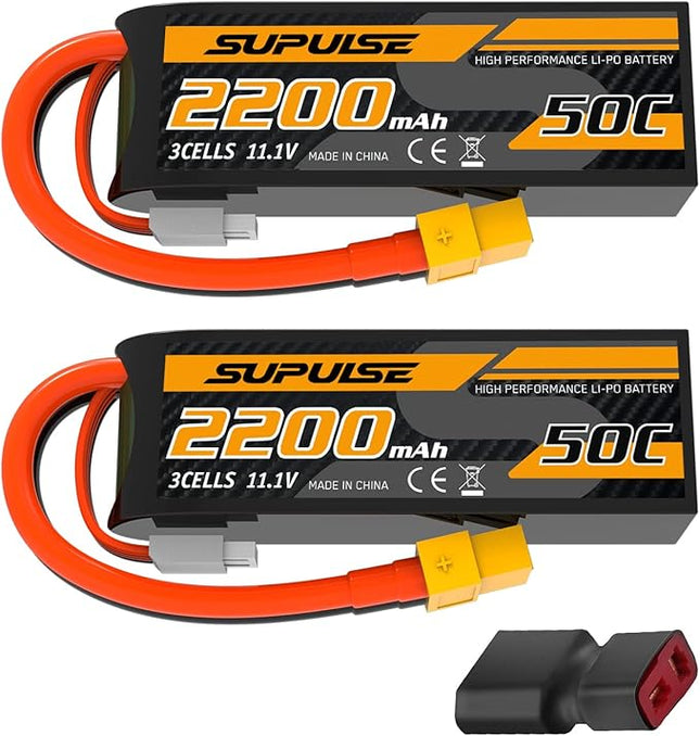 SUPULSE 11.1V 3S Lipo Battery 50C 2200mAh Soft Case Battery with T Plug and XT60 Plug for RC Airplane Helicopter RC Boat RC Car Truck(2 Packs)