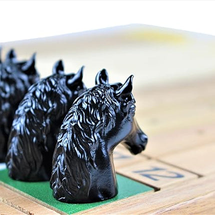 Metal Horse Race Board Game Set with Horse Racing Thick & Solid Wood Game Board, 11 Luxurious & Durable Classic Black Colored Metal Craft Horses, Dice and Cards for Horseracing (HR-652)