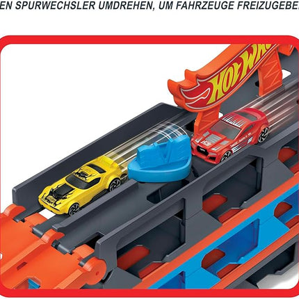 Hot Wheels - Speedway Hauler Storage Carrier with 3 1:64 Scale Cars & Convertible 6-Foot Drag Race Track for Kids 4 to 8 Years Old, Stores 20+ Cars & Connects to Other Playsets, HGH33