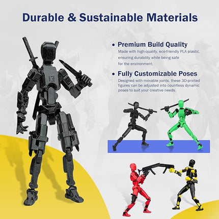 Pre-Assembly 3D Printed 5.54'' Dummy13 Action Figure, Multi-Jointed Tian13, Articulated T13 Desktop Decoration,12 in 1 Accessories, Best Birthday Festival Gift (Blue+Black)