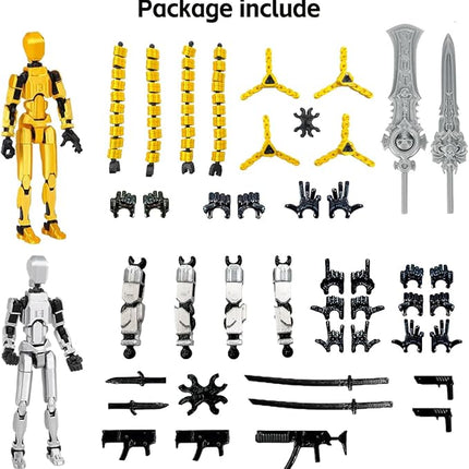 T13 3D Action Figure Set (Assembly Completed) 2 Pcs, 3D Printed Multi-Jointed, Titan 13 Action Figures, Multi-Articular Lucky Mobile Robot Nova,Desktop Decorations for Game Lovers Toys (Gold Sliver)