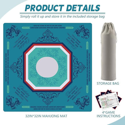 Mahjong Mat, Non-Slip Noise Reduction Mahjong Mat for Mahjong Table, Game Mat Suitable for Mahjong, Card Games, Board Games, 32 in * 32 in Game Mat, Can Be Stored in Our Storage Bag (Blue)