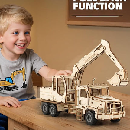 3D Wooden Puzzle for Adults, Excavator Wooden Mechanical Model Car Kits to Build, Brain Teaser Pull Back Truck Toys Birthday for Men Women (Excavator)