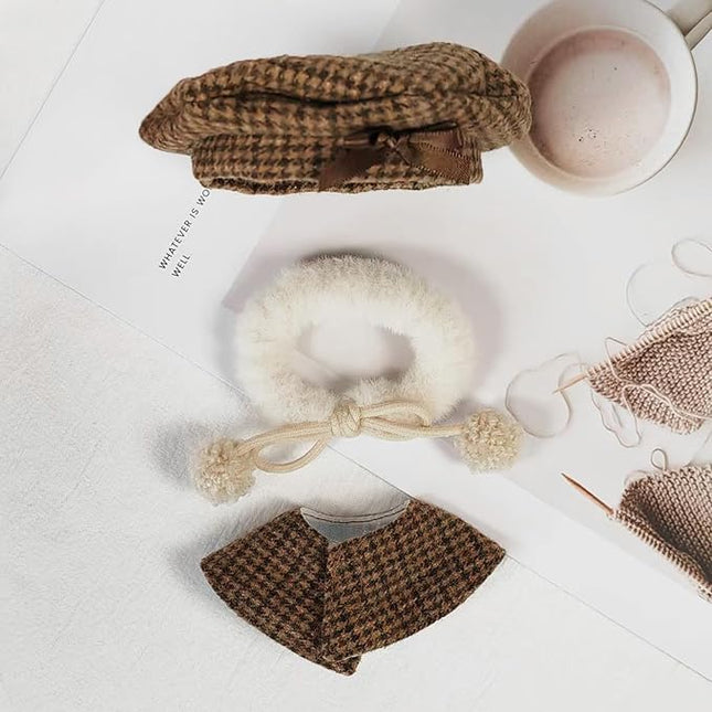 Doll Clothes –Vintage Cocoa Cape Outfit for 17cm LBB, Retro Beret, Plush Scarf & Cape Stylish Look– Doll Not Included