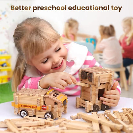 Jovi-mindly＆Notchies Space Wooden Blocks Set 101 PCS Create 40+ Shapes,Toys Educational Wooden Building Blocks Puzzles for Kids Ages 5-8 Boys and Girls,Truck/Excavator,FSC Certified