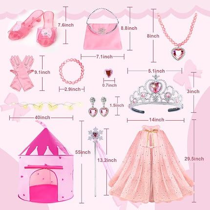 WTOR 15Pcs Princess Castle Play Tent Dress Up with LED Glow in The Dark Stars for Little Girls－Princess Dress Up Cape with Crown,Girl Play Tent/House Toy for Indoor & Outdoor Use (Pink)