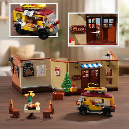 City Street Pizza Restaurant Building Set with Light, 1098PCS Pizzeria House Architecture Model with Retro Pizza Van, Home Decor Construction Building Block Gift for Adults Teens Boys Girls 12+
