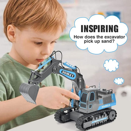 DOUBLE E Remote Control Excavator Toy RC Excavators Rechargeable Battery Digger Hydraulic Construction Toys Vehicles Xmas Gift for Boys Girls Kids 3-14 Years，Gray-Blue