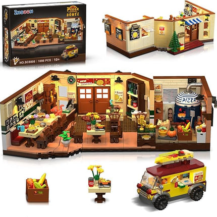 City Street Pizza Restaurant Building Set with Light, 1098PCS Pizzeria House Architecture Model with Retro Pizza Van, Home Decor Construction Building Block Gift for Adults Teens Boys Girls 12+