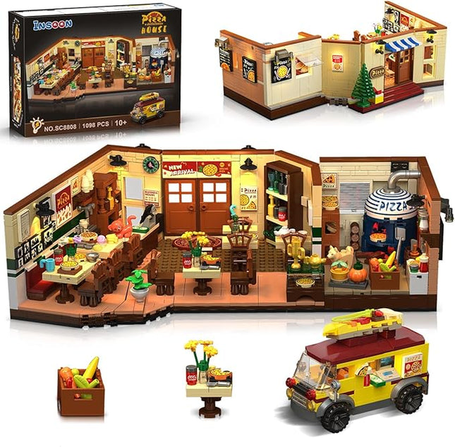City Street Pizza Restaurant Building Set with Light, 1098PCS Pizzeria House Architecture Model with Retro Pizza Van, Home Decor Construction Building Block Gift for Adults Teens Boys Girls 12+