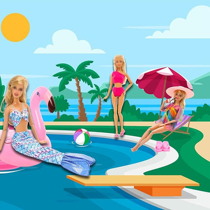 20 Packs Doll Clothing Accessories Set for 11.5 Inch Girl Dolls - Includes 5 Bikini Swimwear Beach Bathing Suits, Coat, Mermaid Dress, 5 Shoes, 3 Slippers, Swimming Pool Floaties, Drinks & Sunglasses