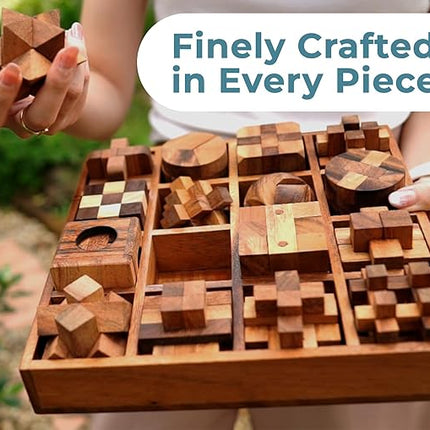 BSIRI 16 in 1 Wooden Brain Teaser Puzzles for Adults and Teens or Kids Interlocking 3D Mini Wood Mind Games Hand Puzzle Teasers Set Toys Coffee Table Games Gift