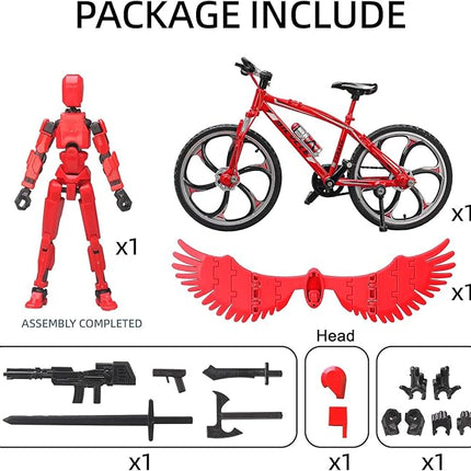 (Assembly Completed) T13 Action Figures, 6.3 Inch Big Dummy 13 Mountain Die-cast Mini Bike Model with Multi-Jointed Movable Lucky 13 Robot Toys Set(Red)