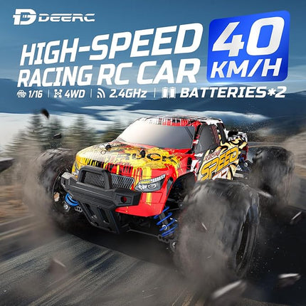 DEERC RC Cars High Speed Remote Control Car for Adults Kids 30+MPH, 1:16 Scales 4WD Off Road RC Monster Truck,Fast 2.4GHz All Terrains Toy Trucks Gifts for Boys,2 Batteries for 40Min Play