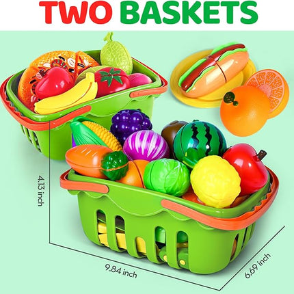 100 PCS Cutting Play Food Toy for Kids Kitchen, Pretend Food Toys for Toddlers, Play Kitchen Toys Accessories with 2 Baskets, Fake Food/Fruit/Vegetable, Birthday Gifts for 3 4 5 6 Years Old Boys Girls